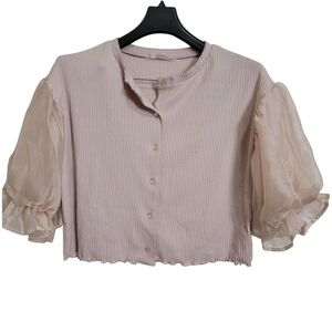 Nice Claup Blush Cream Crop Ruffle Puff Sleeve Blouse Top Small